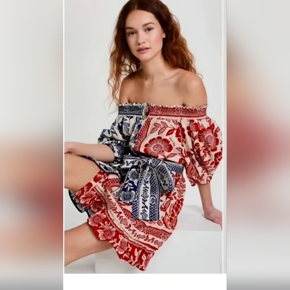 Farm Rio Mixed Pinapple Garden Off-Shoulder Mini Dress. XS